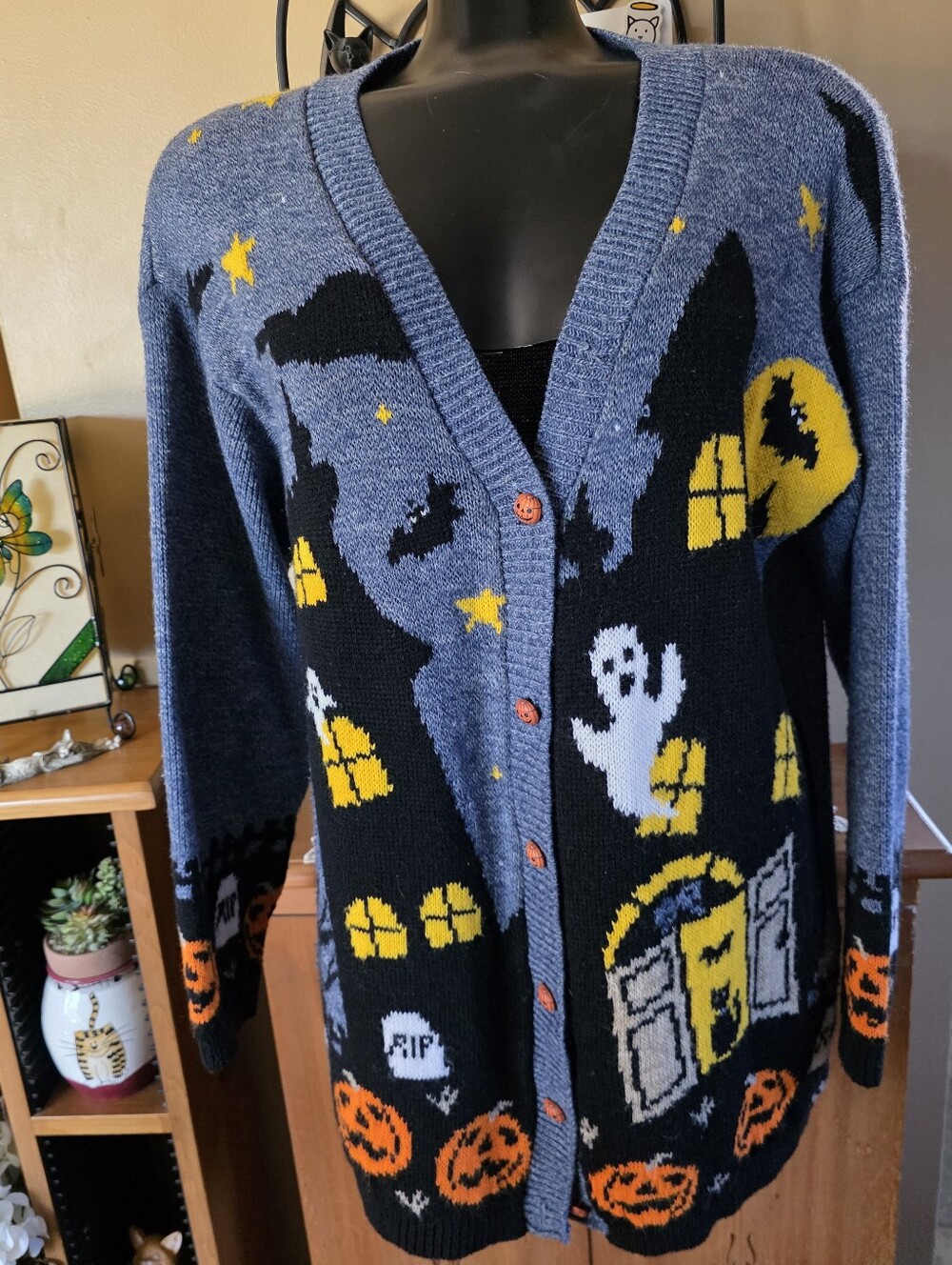 Vtg 90s Y2K Halloween Haunted House Cardigan Sweater with Ghosts & Pumpkins